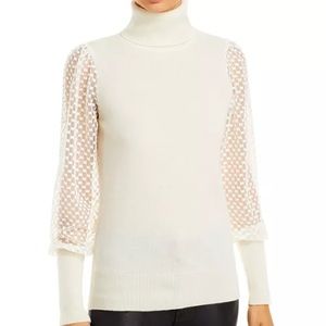C by Bloomingdale’s Cashmere Mesh Sleeve Cashmere Turtleneck Sweater Ivory